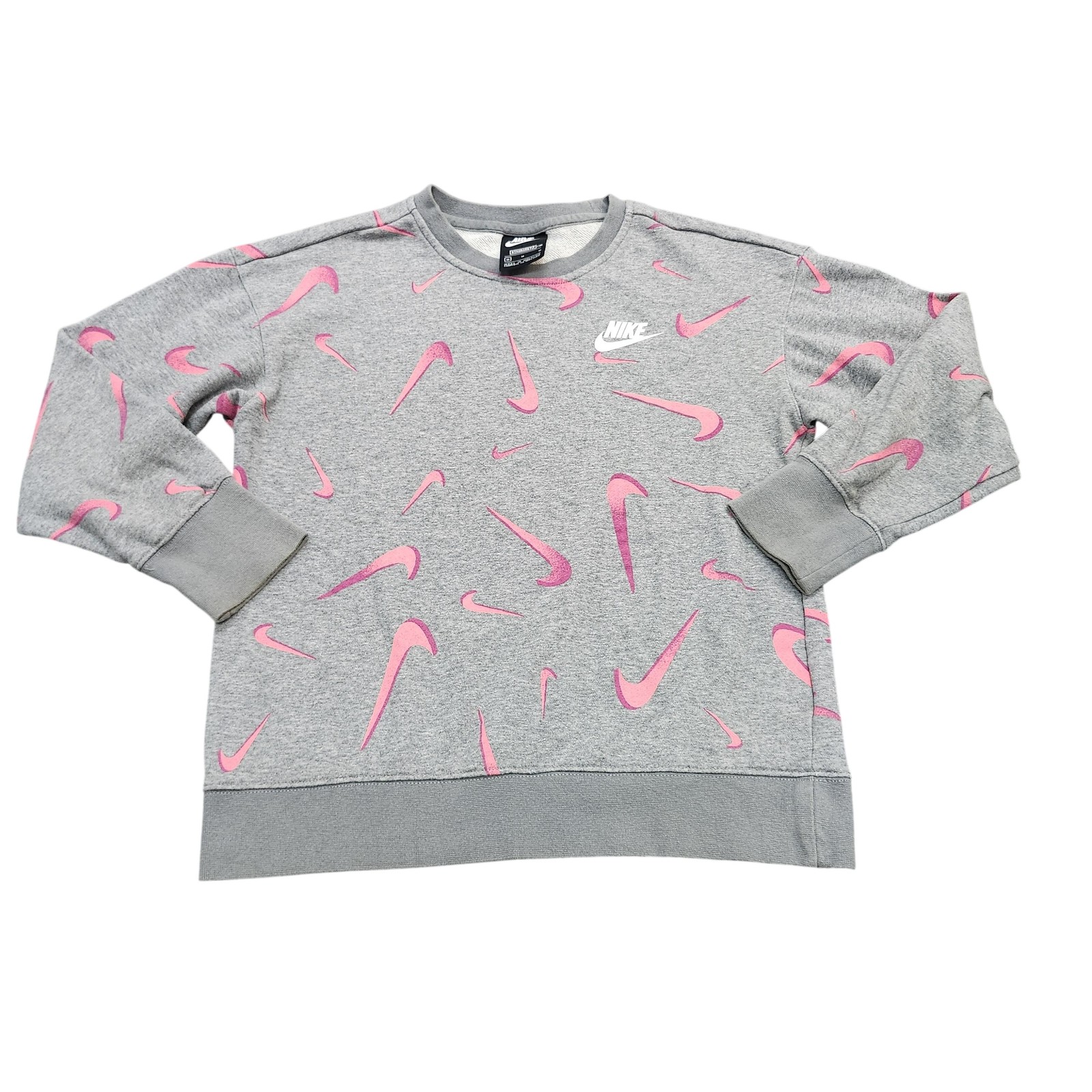 Nike Sweatshirt Womens Medium Gray Pink Swoosh Graphic Fleece Pullover Crewneck