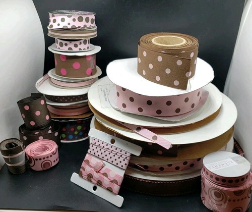 450+ Yards Lot-22 Grosgrain Ribbon Pink Brown Polka Dot Stripes 3/8~5/8~7/8~1.5