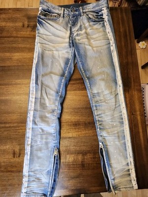 MNML Jeans Mens 29 X 32 Skinny Leg Distressed Button Fly Ankle Zip Blue Denim