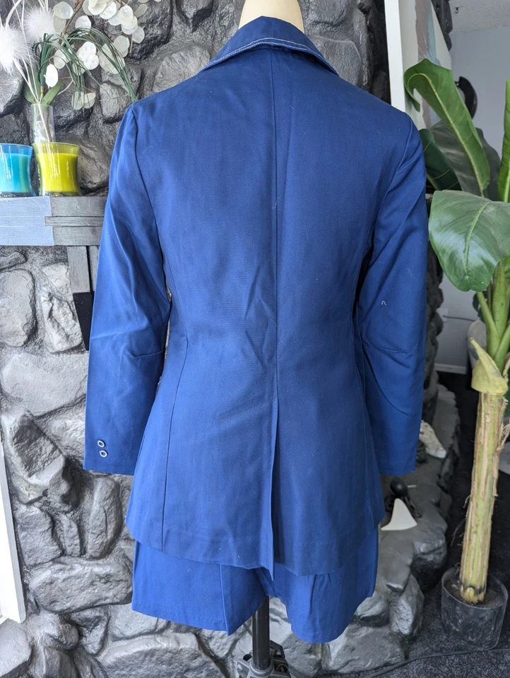 Vtg 70s Bronson Calif Skirt Suit Blue White Contrast Stitching Sz 5 Patch Pckts - Image 4 of 4