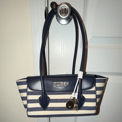 GUESS Blue/White Striped Small Tote Zip Top Lined Charm Gold Hardware