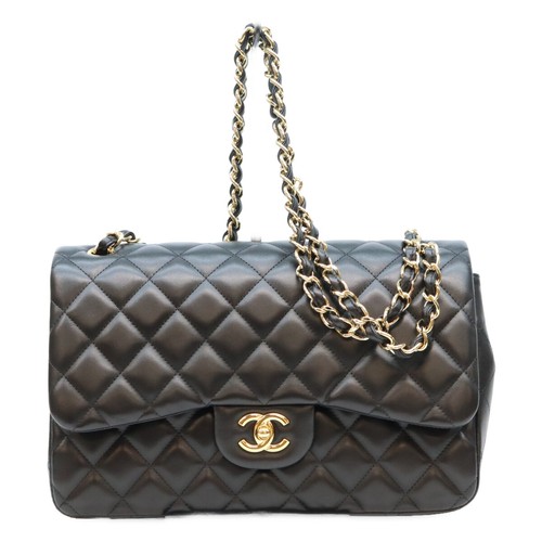 CHANEL Classic Jumbo Double Flap Shoulder Bag Lambskin Black Gold HW A58600