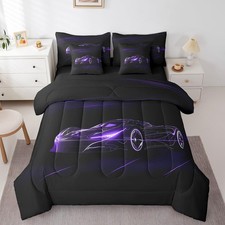 Dull Purple Race Car 7 Piece Bedding Set Twin Size for Kids Boys Extreme Spor...