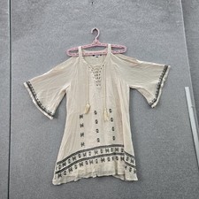 Lulus Women Dress L Cream Geometric Boho Tassels Embroidered Cold Shoulder Gauze