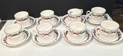 8 RARE Royal Worcester HOLLY RIBBONS Flat Cup & Saucer Sets ENGLAND Mark