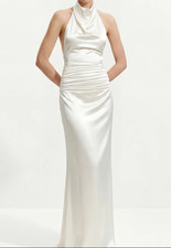 Satin Cowl Neck Ruched Maxi Gown - White JW PEI