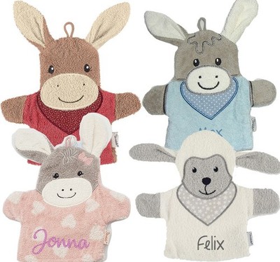 Waschhandschuh mit Namen personalisiert Baby Geschenk Handpuppe Kinder Waschlapp