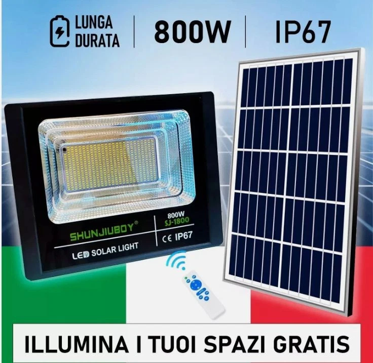 Faro Solare LED 800W + Pannello e Telecomando Impermeabile IP67 Esterno Giardin - Immagine 2 di 4