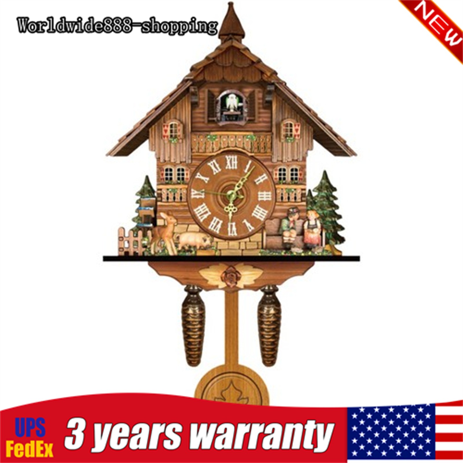 Multi-colored House Cuckoo Clock Carved Wooden Wall Clock with Bird Chiming