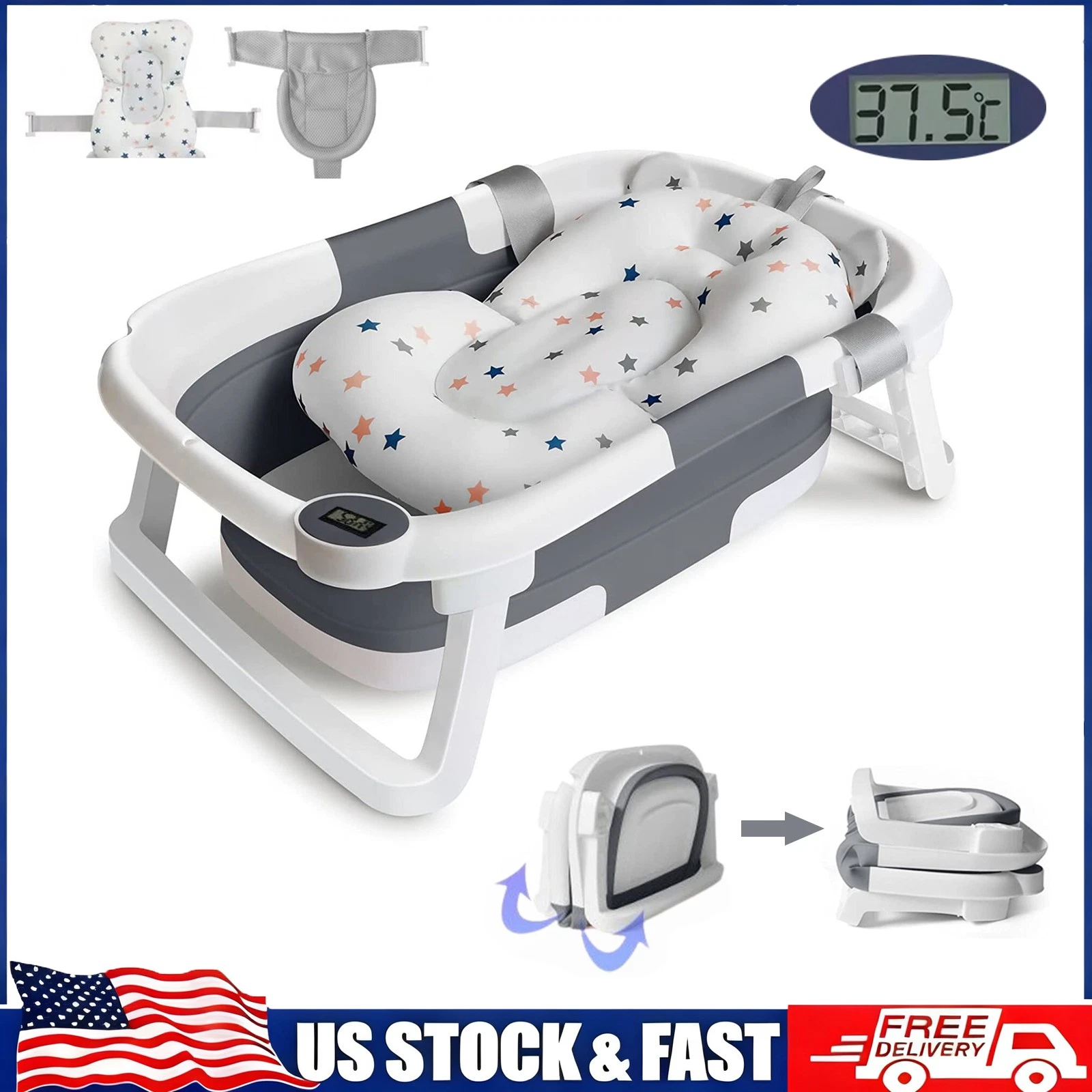 Foldable Baby Bathtub Portable Shower Tub For Newborns With Thermometer Gray US
