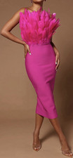 Pink Feather Strapless Bandage Midi Bodycon Dress Size M