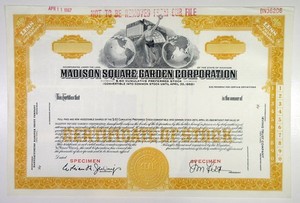 MI. Madison Square Garden Corp., 1967. 100 Shrs Specimen Stock Cert., VF-XF.