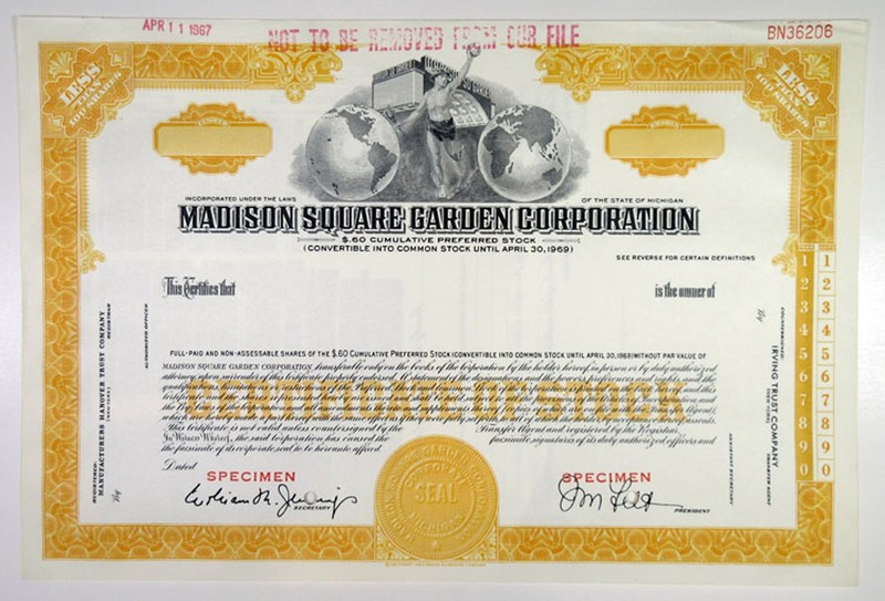 MI. Madison Square Garden Corp., 1967. 100 Shrs Specimen Stock Cert., VF-XF.
