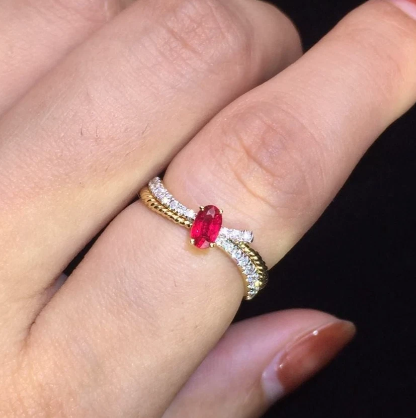 Simulated Red Ruby & White Moissanite Women Anniversary Ring In 10K Yellow Gold - Image 4 of 4