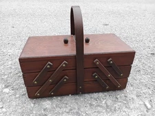Vintage Wooden Dovetail Accordian Sewing Box 3 Tier Expanding Storage Romania