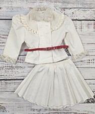 80s Vintage 3T Off White Lace Ruffle Belt Blazer Pleated Skirt Set Made in USA