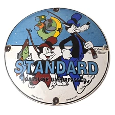 Vintage Standard Gasoline Sign - Gas Oil Pump Plate Walt Disney Porcelain Sign