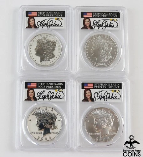 Set of 4: 2023 Morgan & Peace Dollar Silver Coins PCGS MS70 & REV PR70 Signed