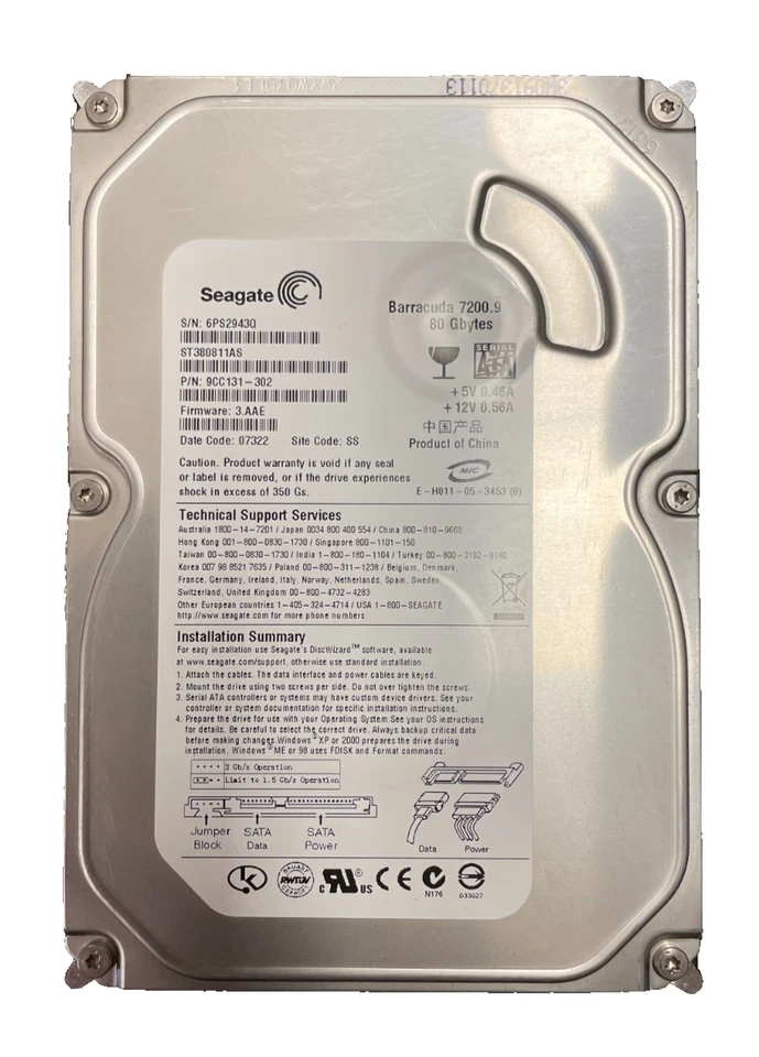 SEAGATE BARRACUDA ST380811AS 80GB HDD SATA 3.5'' nur 7 Stunden gelaufen
