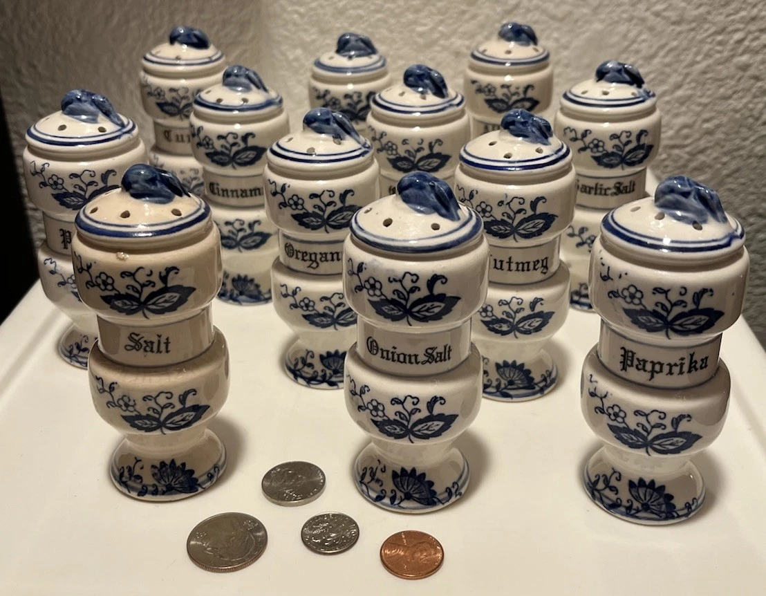 VTG 1950’s (12) BLUE ONION SPICE JARS Arnart Japan 4.25”T x 1.5” Floral Ceramic