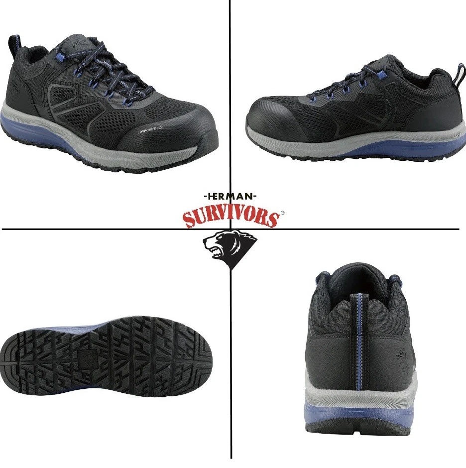 Herman Survivors Men Cassle Composite Toe Slip Resist Black/Blue Work Shoes NIB
