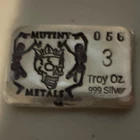 MUTINY METALS .999 Fine Silver Bar 3 Troy Oz Bullion - #056 Total 3 oz