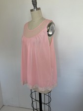 VTG Mod Babydoll Nightgown 60s L Top Pink Nylon Slip Sheer Chiffon Lace Lingerie