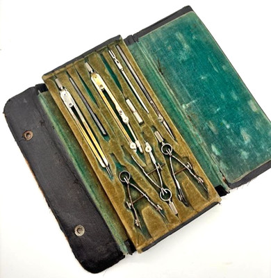 German Friedmann Architect Drafting Instrument Set w/ Velvet-Lined Folding Case