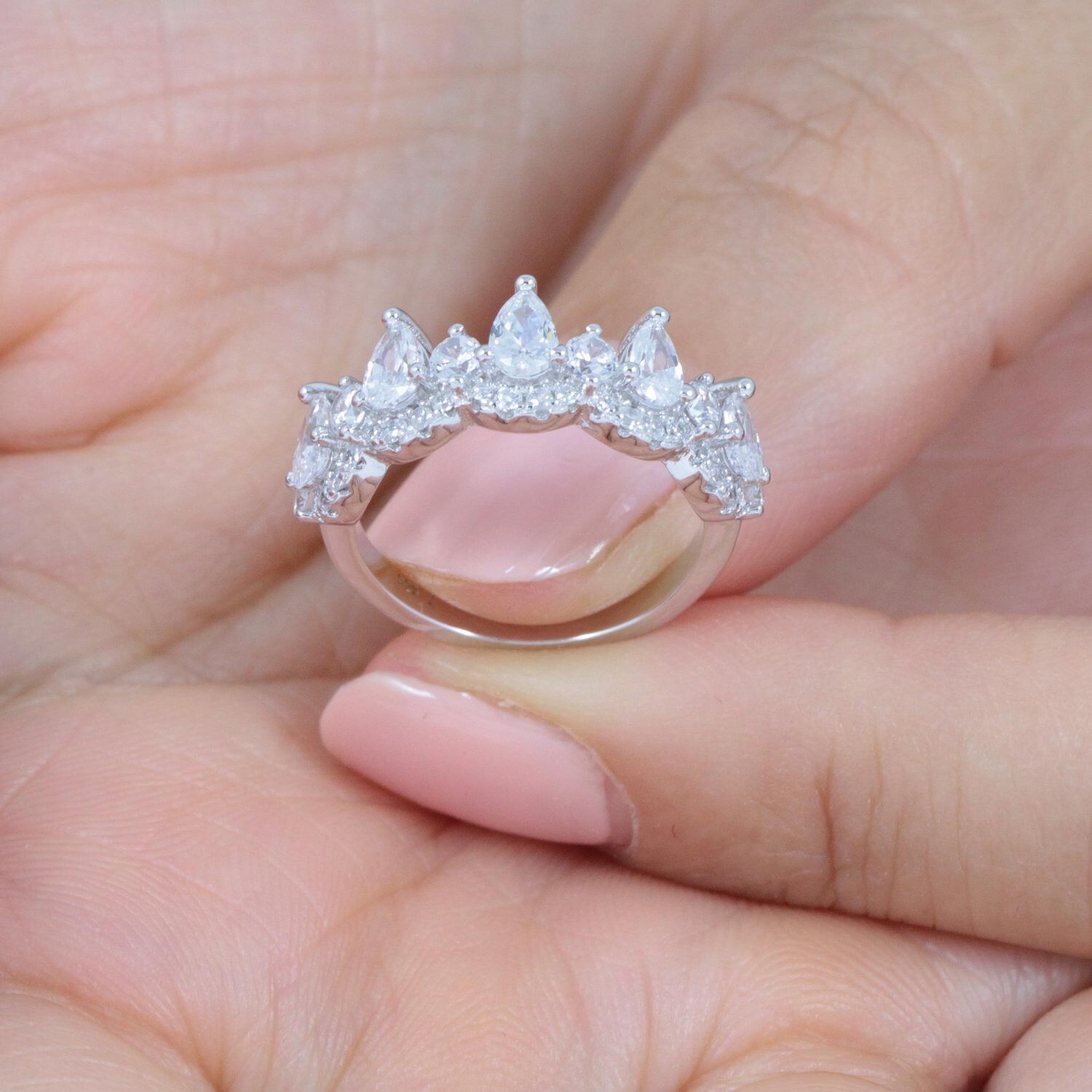 5Stone Pear 925 Sterling Silver CZ Engagement Ring Guard Band Size 3