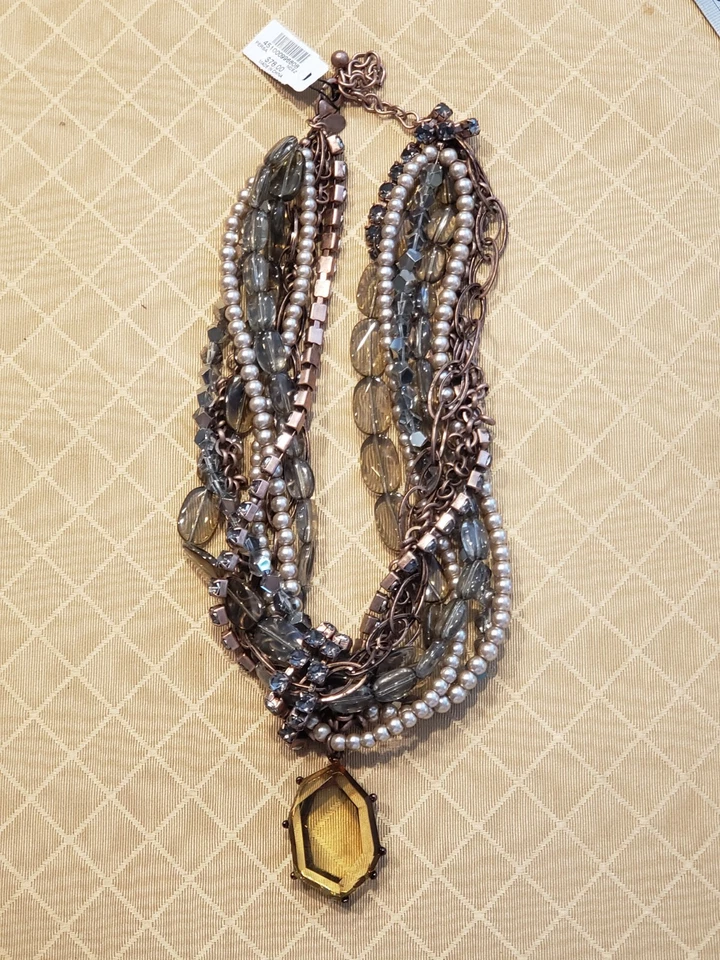 NWT CHICO'S Topaz Rhinestone STATEMENT Necklace Pearls Crystals Layered Twisted