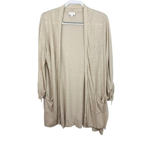 J.Jill Women’s Size M Beige Linen Open Front Cardigan Sweater Lagenlook Casual - Picture 5 of 5