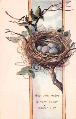 Antique Easter Card Fantasy Bird Nest in Tree Egg Hunt Vtg Postcard D27