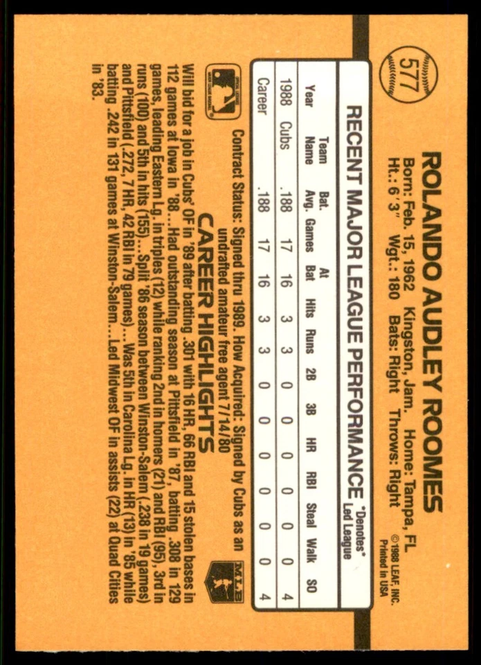 1989 Donruss Rolando Roomes RC Chicago Cubs #577 - Image 2 of 2