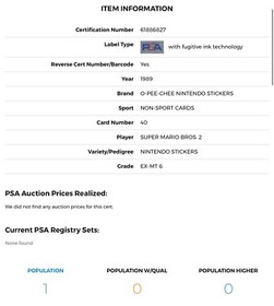 1989 OPC nintendo #40 super mario bros 2 rc;  *SERIES II* NES  PSA 6  (HIGHEST)