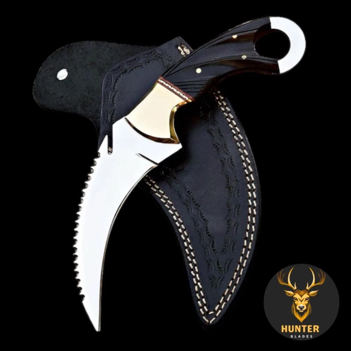 FIXED BLADE SERRATED KARAMBIT KNIFE Handmade D2 Tool Steel EDC Finger Hole Knife