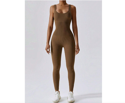 1pc Women's S,L,XL Seamless Shoulder Strap Jumpsuit Brown, Yoga Fitness Running