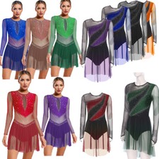 Women Figure Skating Dress Long Sleeve Mesh Gymnastics Skirted Leotard Dancewear