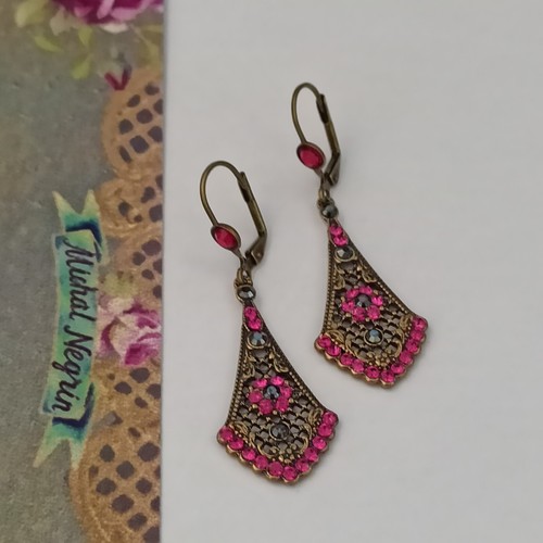 Michal Negrin Earrings Hot Pink Magenta Art Deco Mesh Long Crystals Ethnic Gift - Picture 15 of 15