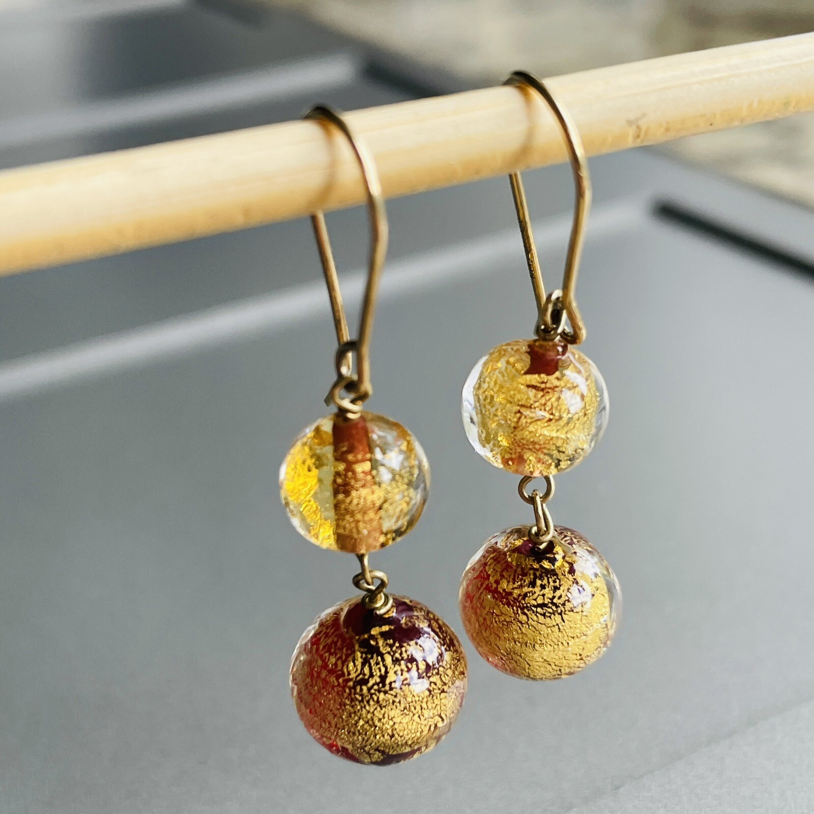 14k Gold Estate Murano Glass Dangle Drop Earrings MA … Gem