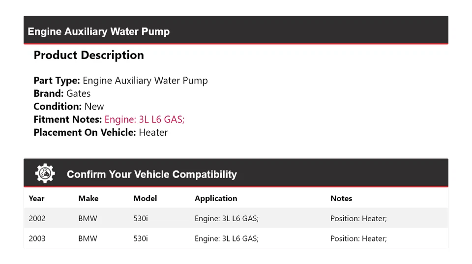Para BMW 530i 2002-2003 3L L6 Motor Gas Auxiliar Bomba de Agua Calentador Puertas Foto 2 de 4