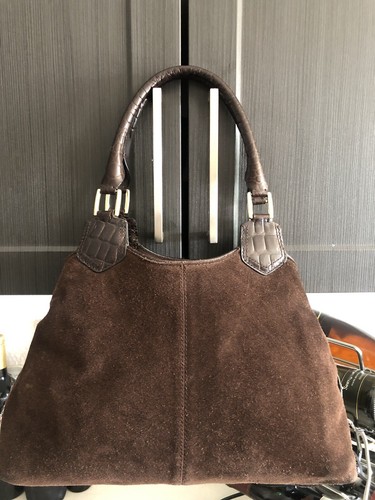STUNNING EUC $399 Cole Haan Suede Croc Leather Shoulder Hobo Bag Brown - Picture 4 of 8
