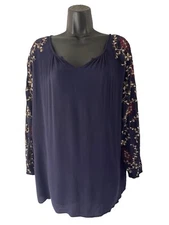 Moda Paradiso Top Womens XXL Navy Embroidered Split V Neck Long Sleeves Blouse