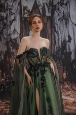 Black Dark Navy A-line Prom High Slit Evening Dresses Flower Sweep Train