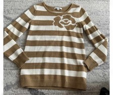 Womens Brown/Ivory Striped Wool Rib-Knit Crew...