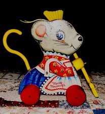 Vintage Fisher Price Merry Mousewife Pull Toy. Sweeps as she Rolls