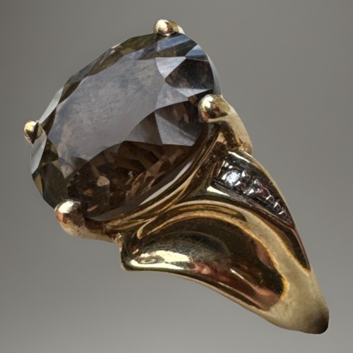 STUNNING Fancy Cut Smoky Quartz & Diamond Gemstone 9ct Gold 375 Ring Size P 1/2 - Picture 2 of 13