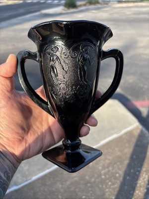 1930s L.E.  Smith Black Amethyst Glass Embossed Dancing Nymphs Glass Trophy Vase