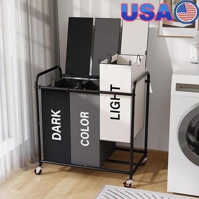 Wheeled Laundry Basket W/ Lid Waterproof Fabric Lockable Wheels Metal Handles US
