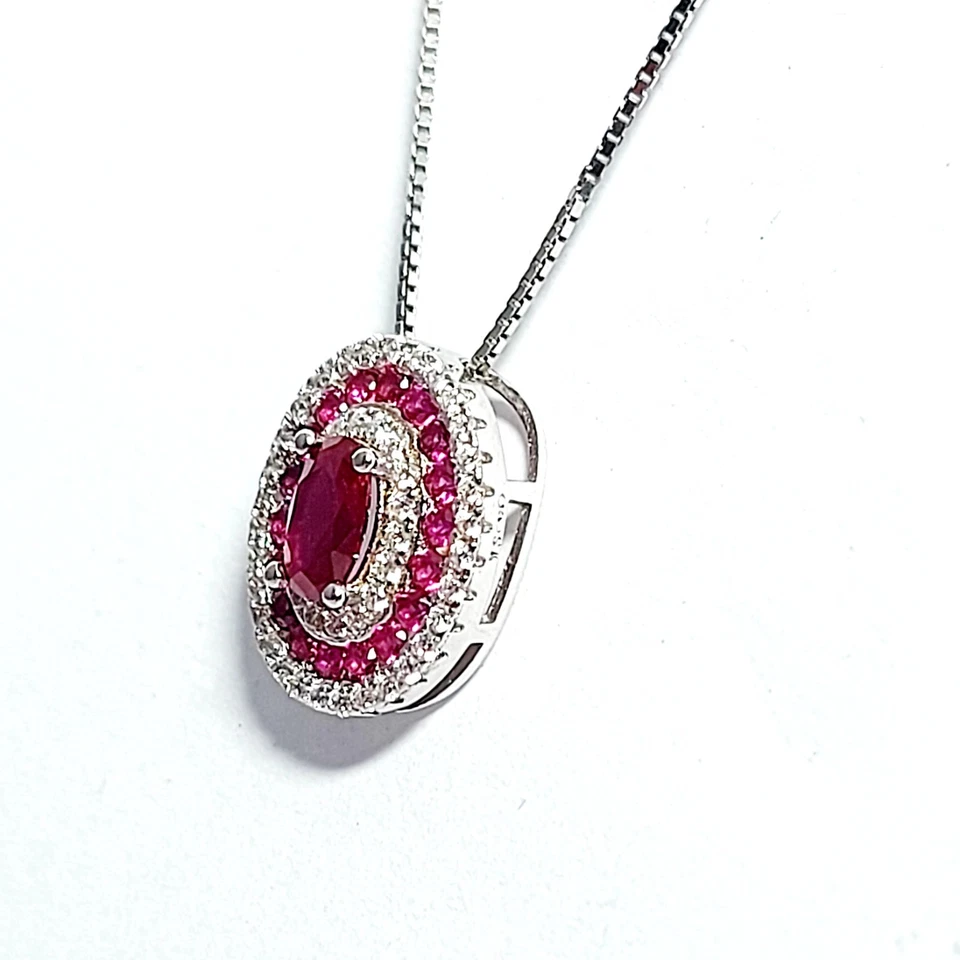Collana Argento 925 Donna Ciondolo Gioiello Pendente Pietra Rosso Rubino Zirconi - Immagine 3 di 4