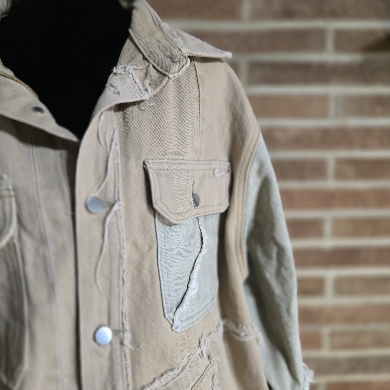 424 Patchwork Frayed Button-Up Beige Gray Shirt J… - image 2